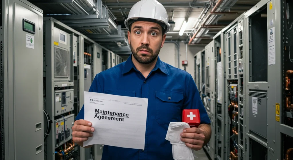 Engineer holding a maintenance agreement and a first aid kit