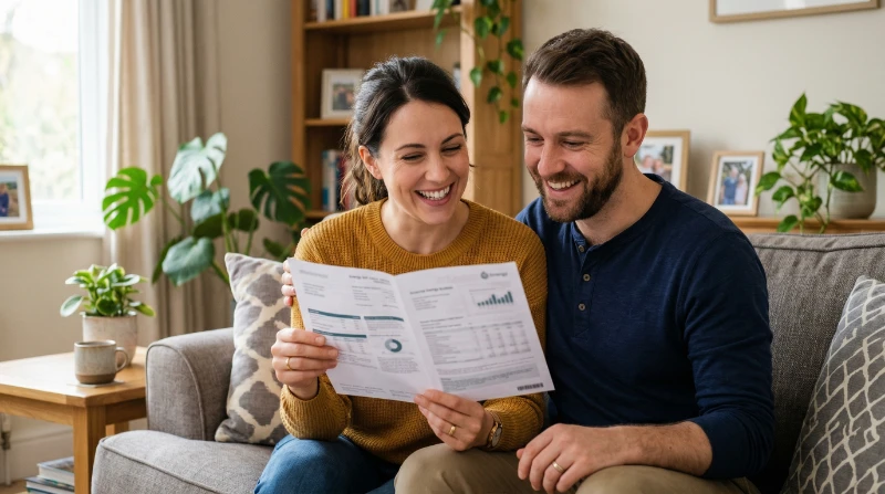 Happy couple holding discounted energy bill